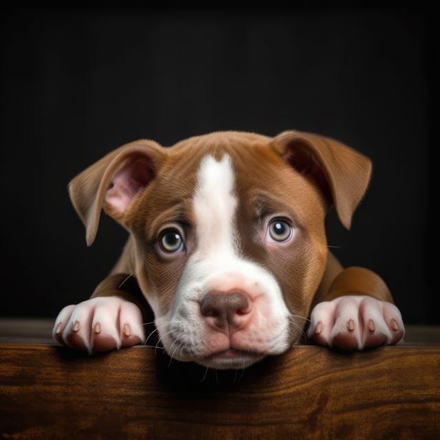 Close-up image of an adorable brown puppy with sad eyes looking over a wooden surface. Ideal for use in advertising campaigns for pet products, animal shelters, or veterinary services. Suitable for emotional content that evokes sympathy and compels viewers to support pet adoption or pet care. Perfect for blogs, social media posts, and websites focused on pets and animals.