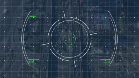Futuristic Digital Scope Overlay Scanning Urban Environment