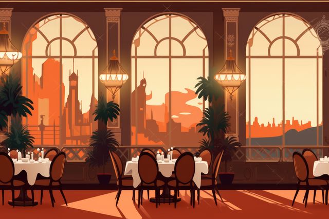 Elegant restaurant interior with panoramic cityscape views during sunset. Ideal for evening dining concepts, luxury hotel promotions, romantic event advertisements, and travel destination features.