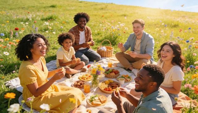 Smiling diverse friends enjoying summer picnic in wildflower meadow, woman in yellow dress