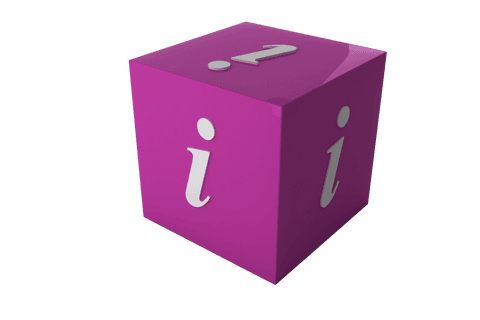Purple cube with letter i on transparent background