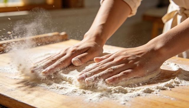Artisan Hands Kneading Dough on Floured Wooden Board on Rustic Sunlit Kitchen Countertop