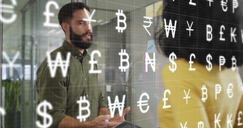 Business Professionals Discuss with Currency Overlay Interface