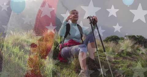 Senior Woman Hiking with American Flag Overlay Celebrating Nature