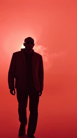 Walking Man Silhouette in Red Backlight with Fog Halo | Cinematic Vertical Video