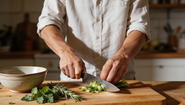 Male cook slicing scallions on wooden board with chef's knife and fresh herbs in sunlit kitchen