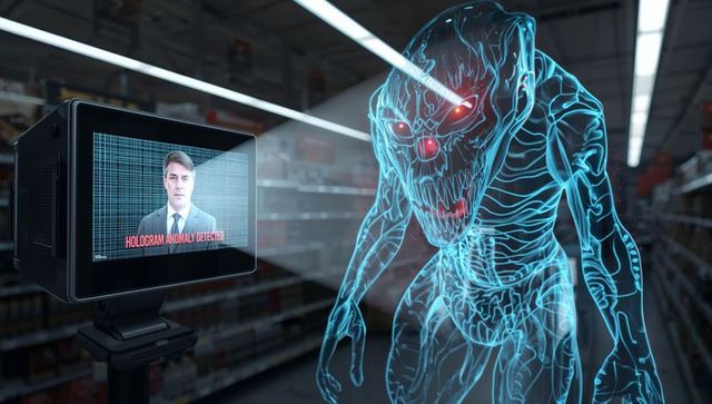 Holographic monster hovering in retail aisle with security monitor detecting anomaly