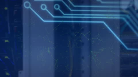Animated Circuit Board Overlay on Computer Servers