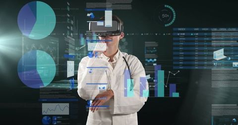 Doctor Using VR Headset with Complex Digital Interface Graphics