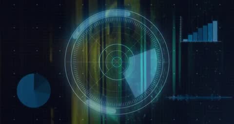 HUD Radar Scanner Rotating Holographic Interface with Pulsing Data Bars and Pie Chart