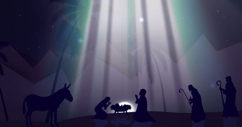 Nativity scene with glowing light beams in night setting