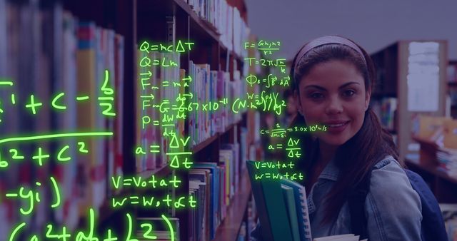 Confident teenage girl studying advanced mathematical equations in a library with shelves of books in the background. She is holding textbooks and seems deeply focused on her studies. This is ideal for use in educational materials, tutoring advertisements, STEM programs, or to represent academic achievement and study environments.
