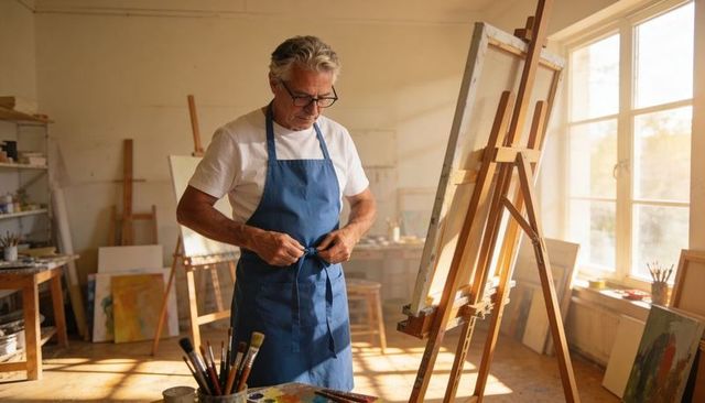 Senior Artist Tying Apron in Sunlit Art Studio Preparing Canvas and Brushes for Painting