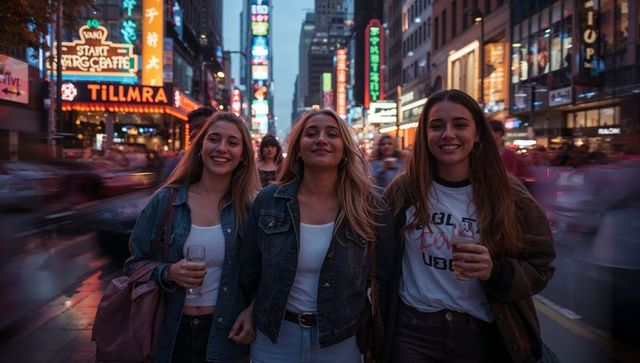 Three friends walking through neon theater district at dusk holding drinks and smiling