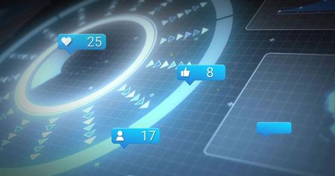 Futuristic social media hud showing engagement bubbles, likes, followers, analytics