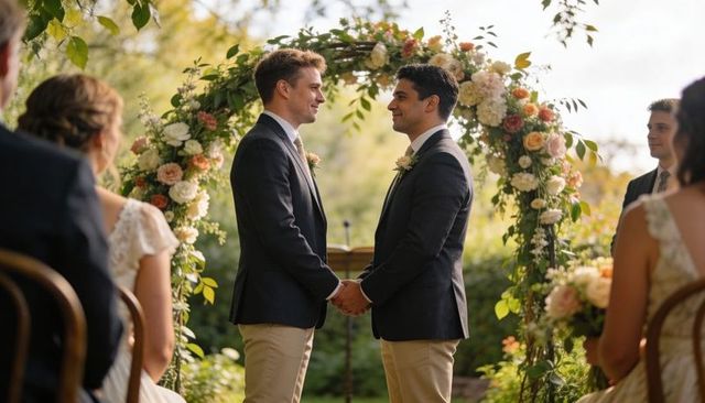 Two grooms exchanging vows under floral arch at intimate garden wedding ceremony