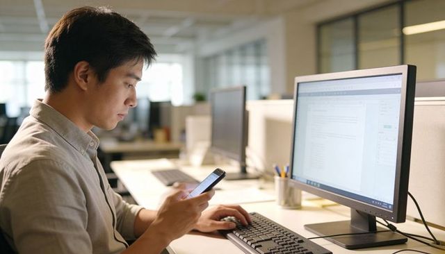 Asian man using smartphone while typing on keyboard at modern open-plan office workstation