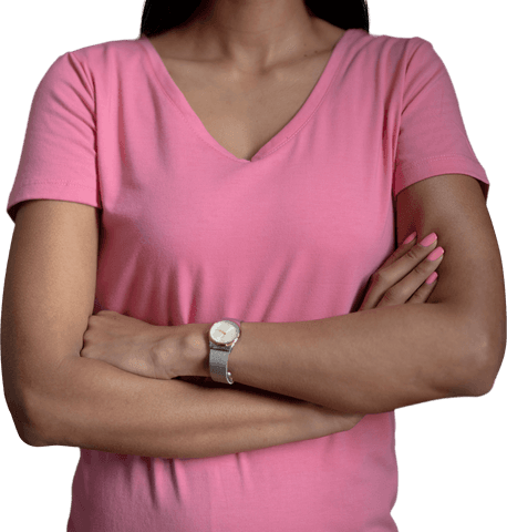 Confident Woman in Pink Shirt Crossing Arms on Transparent Background