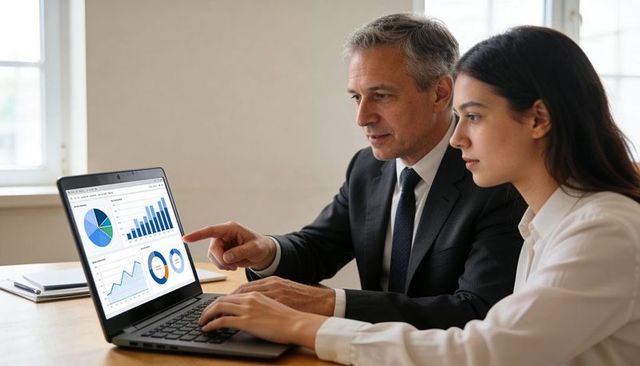 Senior executive mentoring junior analyst while reviewing sales analytics dashboard on laptop