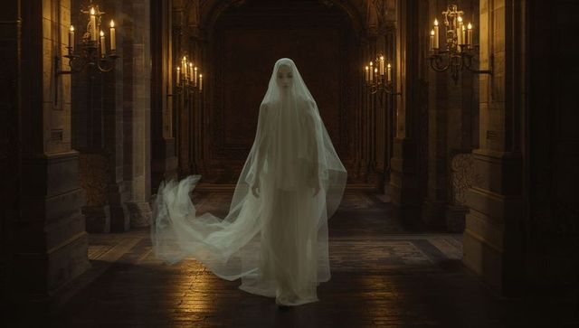 Ghostly Apparition with Veil in Gothic Hallway