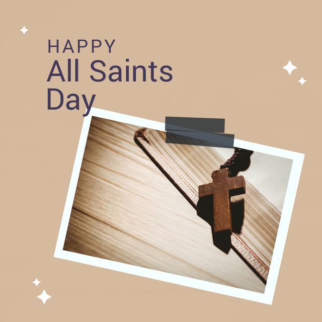 Composition of happy all saints day text with rosary over beige background. All saints day and celebration concept digitally generated image.