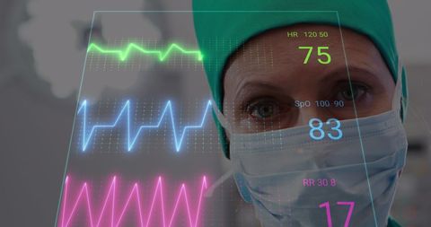 Female surgeon analyzing medical data on transparent display