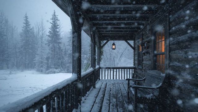 Snow-covered log cabin porch with lantern glow and rustic bench overlooking forest