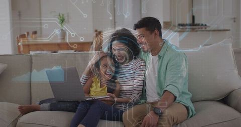 Family Exploring Online Learning Together on Couch with Futuristic HUD Digital Interface