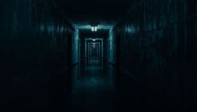 Desolate Corridor with Dim Fluorescent Lighting