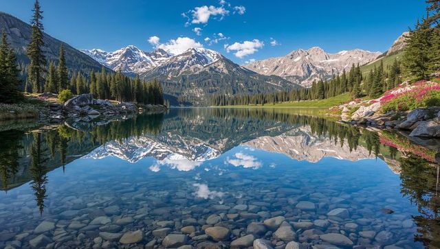 Reflecting alpine lake with clear pebble foreground, snow-capped peaks and pine forest
