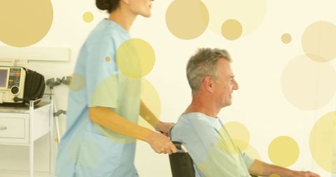 Nurse Guiding Patient in Wheelchair with Overlay Decorations