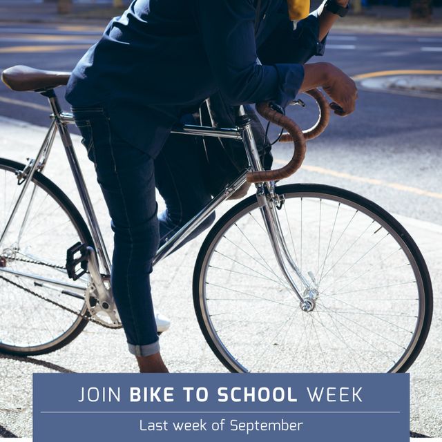 Low section of african american male with bike and join bike to school week, last week of september. Text, commuter, digital composite, student, education, healthcare, fitness and active lifestyle.