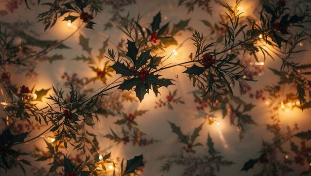 Warm Holiday Holly Garland with Glowing String Lights and Soft Bokeh