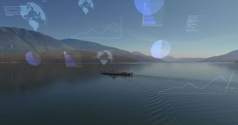 Drone view ferry gliding across alpine lake with ar analytics overlays and v-shaped wake