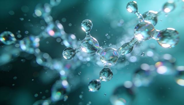Iridescent molecular droplets floating in teal fluid abstract macro science concept