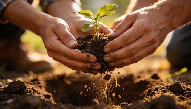 Hands Planting Seedling in Soil Close-Up Showing Root Ball, Gardening, Sustainable Growth