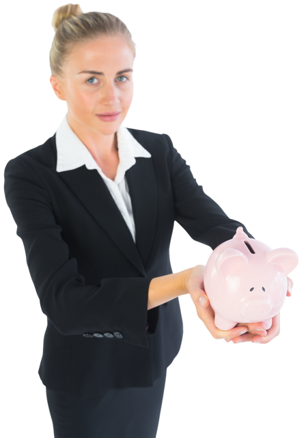 Transparent Young Businesswoman Presenting Pink Piggy Bank with Smile - Download Free Stock Videos Pikwizard.com