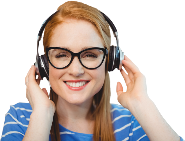 Smiling Young Woman with Headphones Listening to Music on Transparent Background - Download Free Stock Videos Pikwizard.com