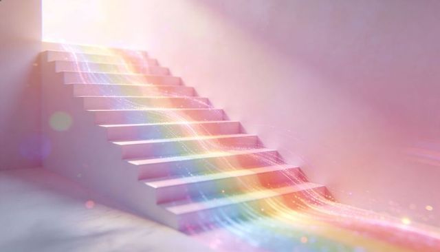 Ascending rainbow staircase glowing with iridescent ribbon and sparkles in pastel interior