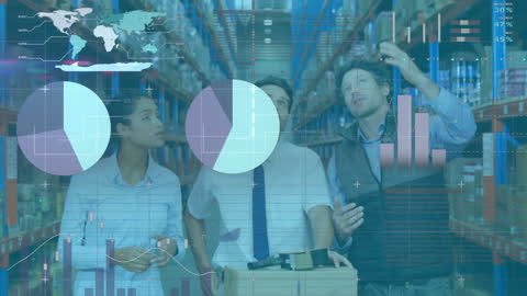 Warehouse Team Analyzing Global Data Using Technology