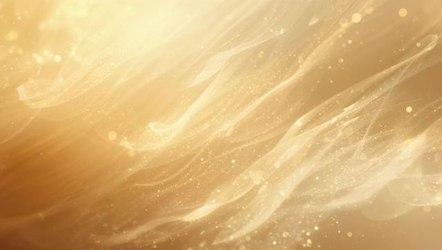 Glowing golden ribbons flowing across soft light gradient with sparkling bokeh particles