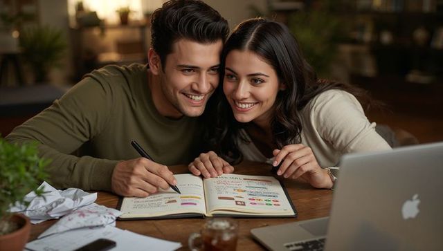 Young couple planning future together using planner and laptop in cozy home workspace