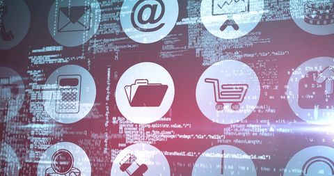 Digital icons overlapping data processing interface background