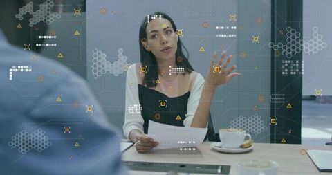 Businesswoman Presenting Strategy with Digital Overlay