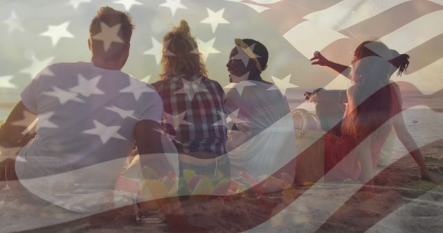 Group of Friends Enjoying Beach with American Flag Overlay - Download Free Stock Images Pikwizard.com