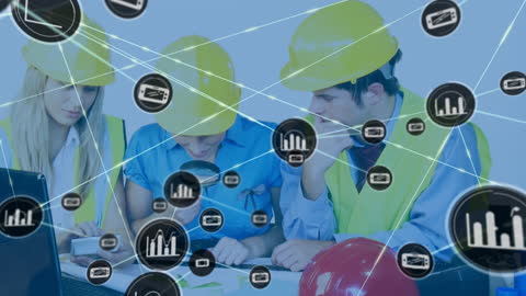 Architects Analyzing Plans Connected by Digital Network