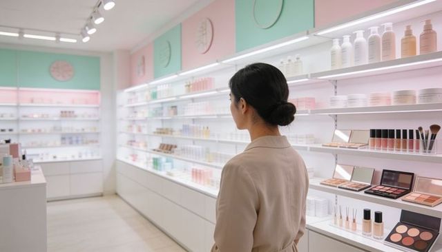 Browsing woman scanning backlit pastel cosmetic shelves in minimalist mint beauty boutique