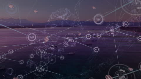 Global Network Connections Overlaying Cityscape at Dusk