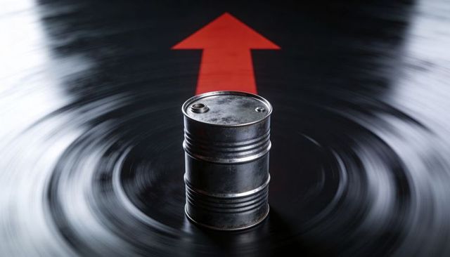 Weathered Steel Drum Rotating on Glossy Black Surface with Red Upward Arrow
