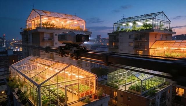 Motorized camera rig tracking rooftop greenhouses at dusk with warm grow lights and urban skyline